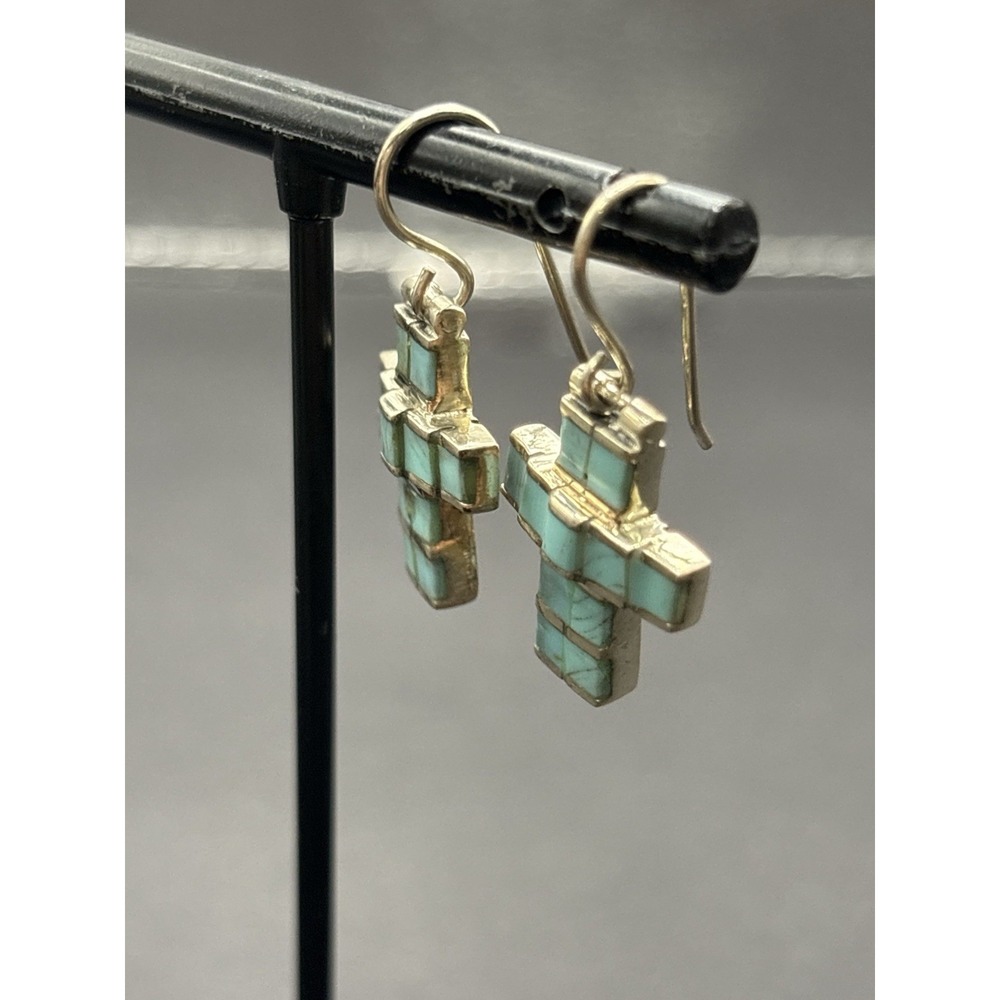 Vintage Sterling Silver Turquoise Inlay Cross Earrings 6 Gram G22 - Picture 2 of 9